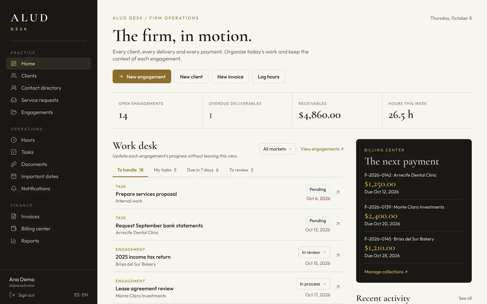 Recreation of the ALUD Desk firm dashboard: open engagements, work desk, billing center and recent activity, with fictitious data.