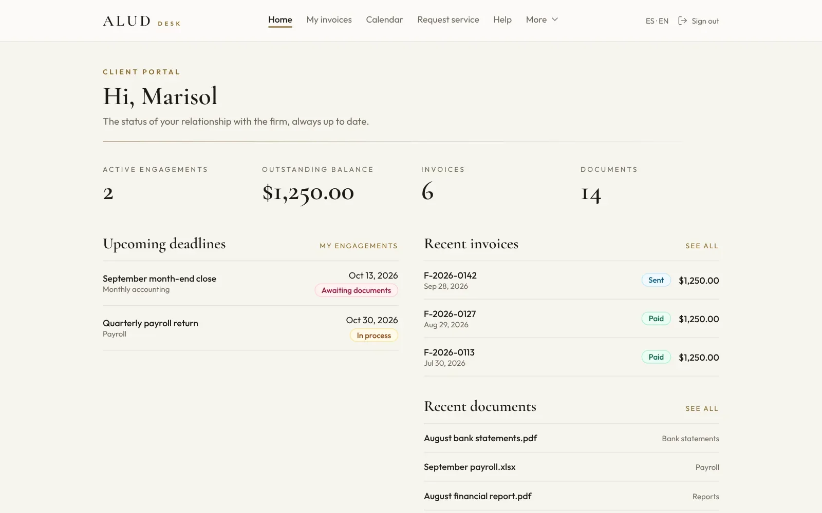 Recreation of the ALUD Desk client portal: active engagements, outstanding balance, upcoming deadlines, invoices and documents, with fictitious data.