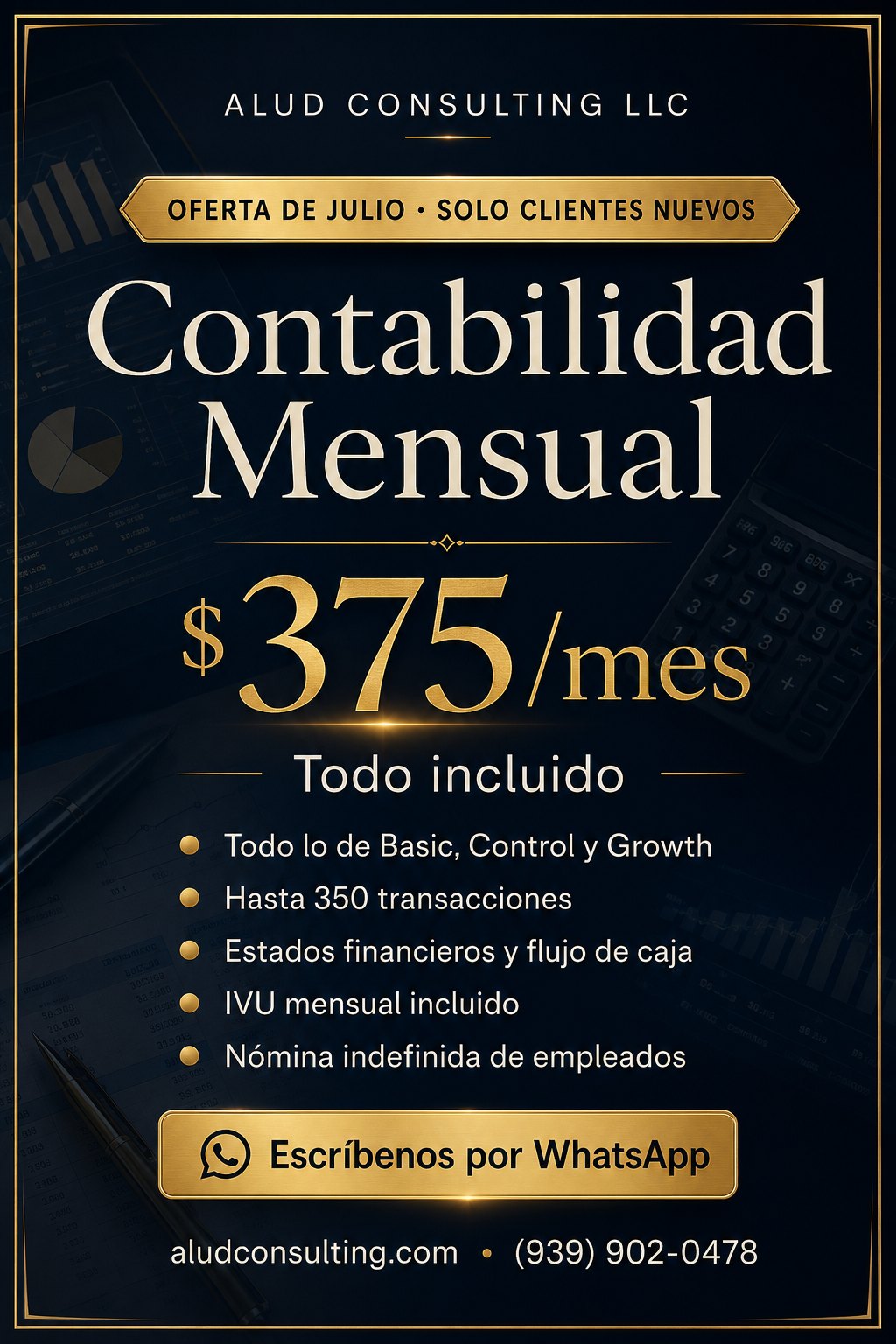 Oferta de julio: Contabilidad Mensual $375/mes, solo clientes nuevos — ALUD Consulting LLC